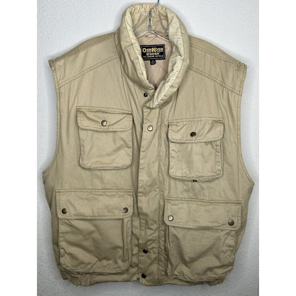 Vintage OshKosh Vest Mens Extra Large Cargo Quilted Insulated Outdoor Khaki Tan